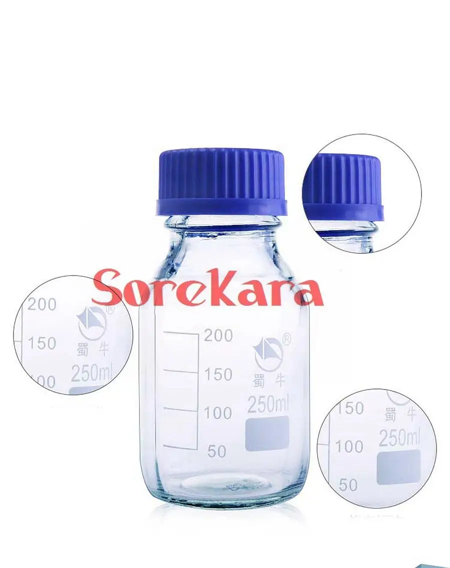 100ml/250ml/500ml Graduated Round Glass Reagent Bottle Blue Screw Cap Screw On Cover Flask