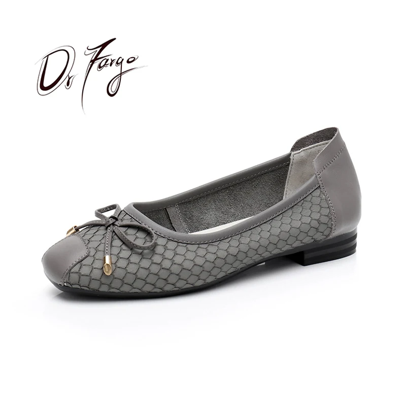

DRFARGO Shoes Women Genuine Leather Slip on Snake Skin Pattern Bowtie Square Toe Ballet Style Spring Summer Low Heel Pumps 216