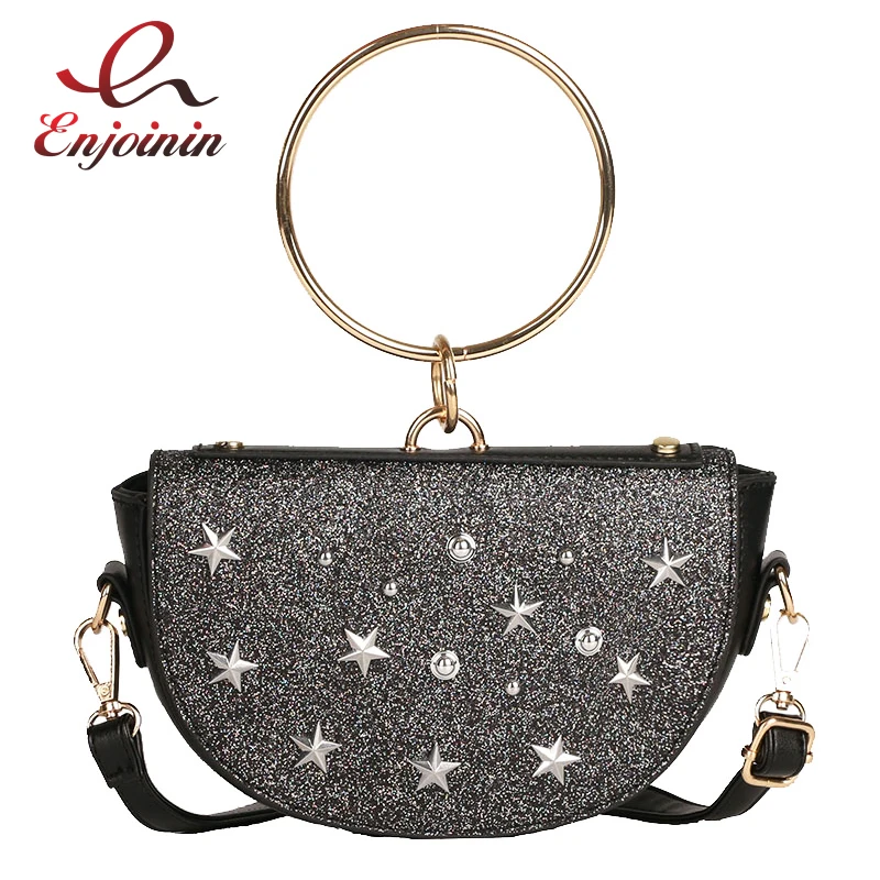

Sequin Fashion Star Badge Metal Ring Female Fashion Saddle Bag Tote Crossbody Mini Messenger Bag For Women Handbag Ladies Purse