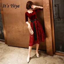 Это YiiYa/платье для выпускного вечера; блестящее велюровое платье с бантом на подоле; вечерние платья с рукавом до локтя на молнии; цвет винный, красный; элегантные маленькие вечерние платья; E109