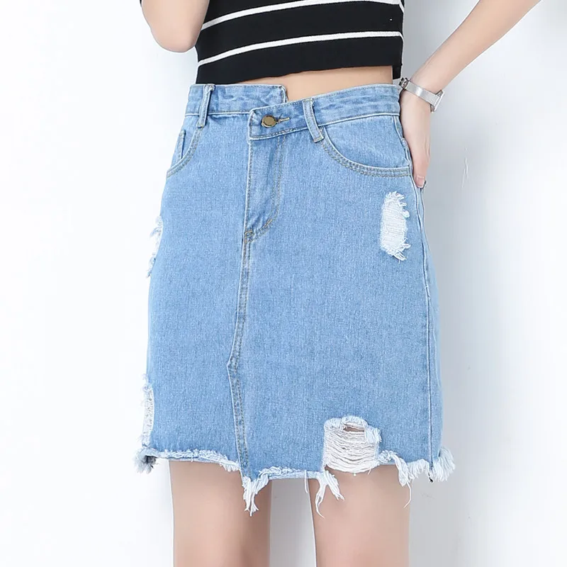 Casual High Waist Denim Skirt Blue Light Wash Women Distressed Mini