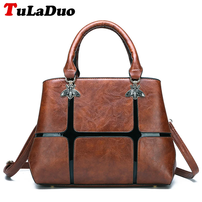 

High Quality PU Leather Women Handbags Oil Leather Women Shoulder Bags Vintage Metal Handle Tote Bags Famous Brand Women Bags