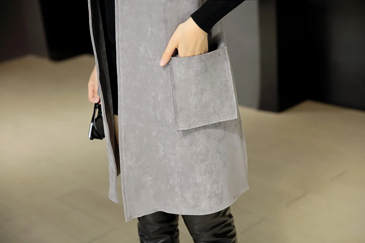 Side Buttons Split Soft Suede Fabric Long Women Vest Coat Pockets Plus Size Colete Solid Faux Weste Open Stitch Colete feminina