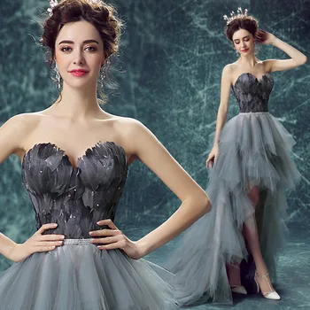 

Luxurious Women Gray Feathers Dress Elegant Noble Rhinestone Gowns Exquisite Strapless Sexy Floor length Royal Banquet Dresses