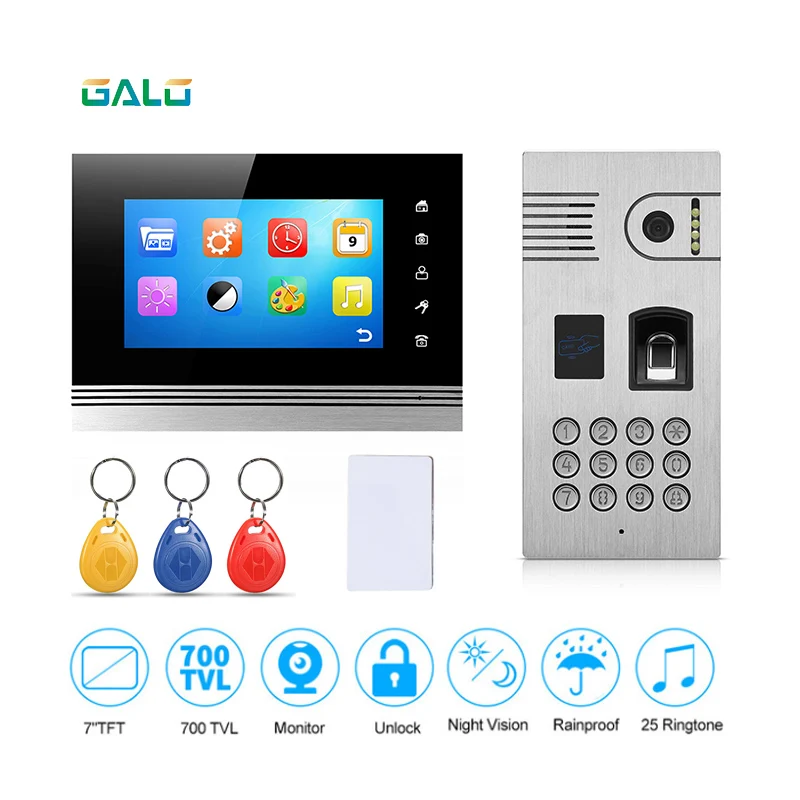 

Fingerprint Recognition and RFID reader 7'' Color Wired Video Intercom System Doorbell Camera IR Night Vision superior quality