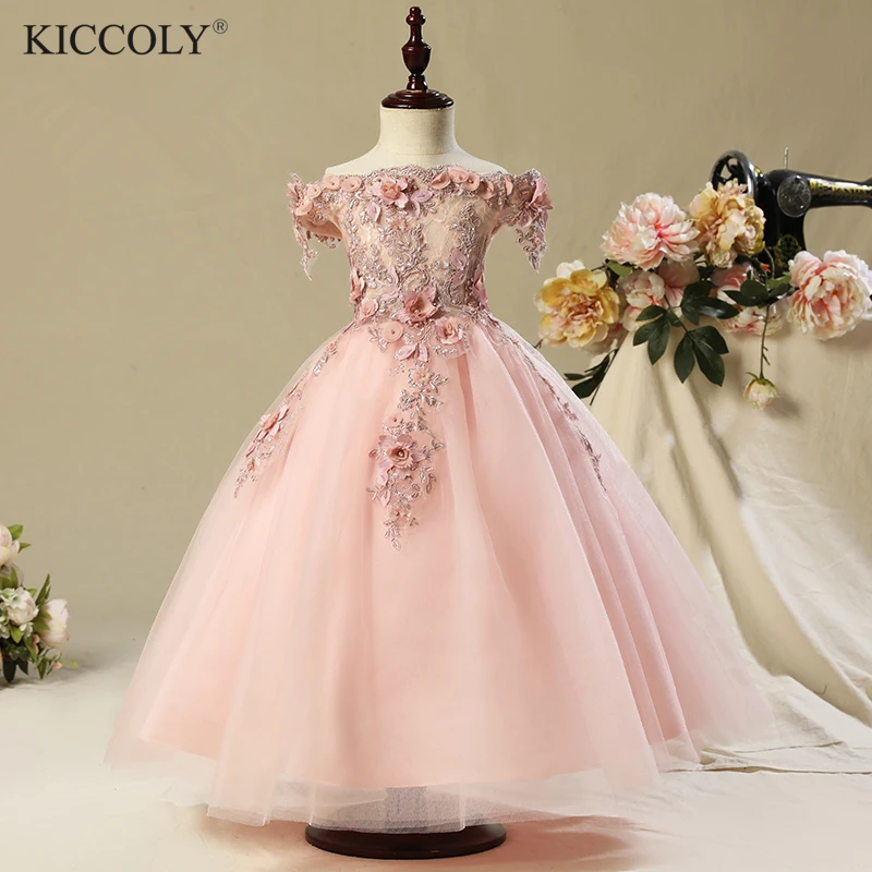 Платья для первого причастия с открытыми плечами для девочек; Vestido Daminha Casamento; роскошное бальное платье; розовое платье из органзы с цветочным узором для девочек