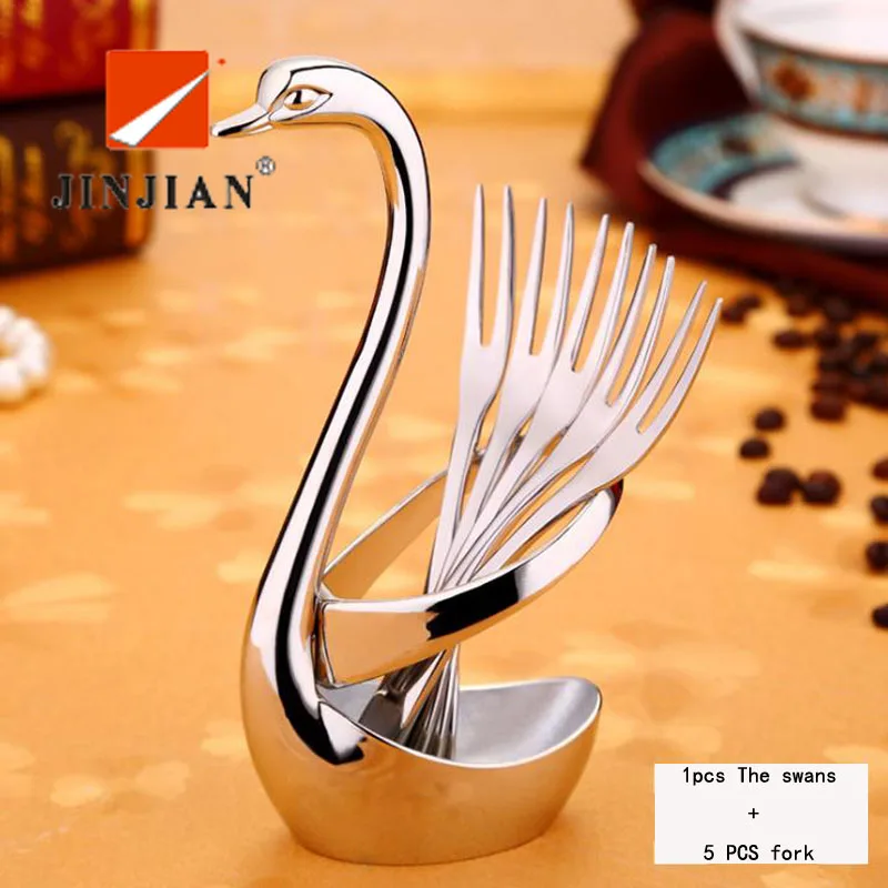 

JINJIAN Stainless Steel Swan Dinnerware Set Fruit/Dessert cutlery Set for Swan Base Holder with 5 Forks Western Food Cutleries