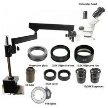 Simul-Focal 3.5X-90X Trinocular Stereo Microscope Articulating Arm Clamp Microscope 0.5X 2.0X Objective Lens 144 Light 2 pcs stereo microscope 0 3x auxiliary objective lens barlow lens with 1 7 8 48mm mounting thread