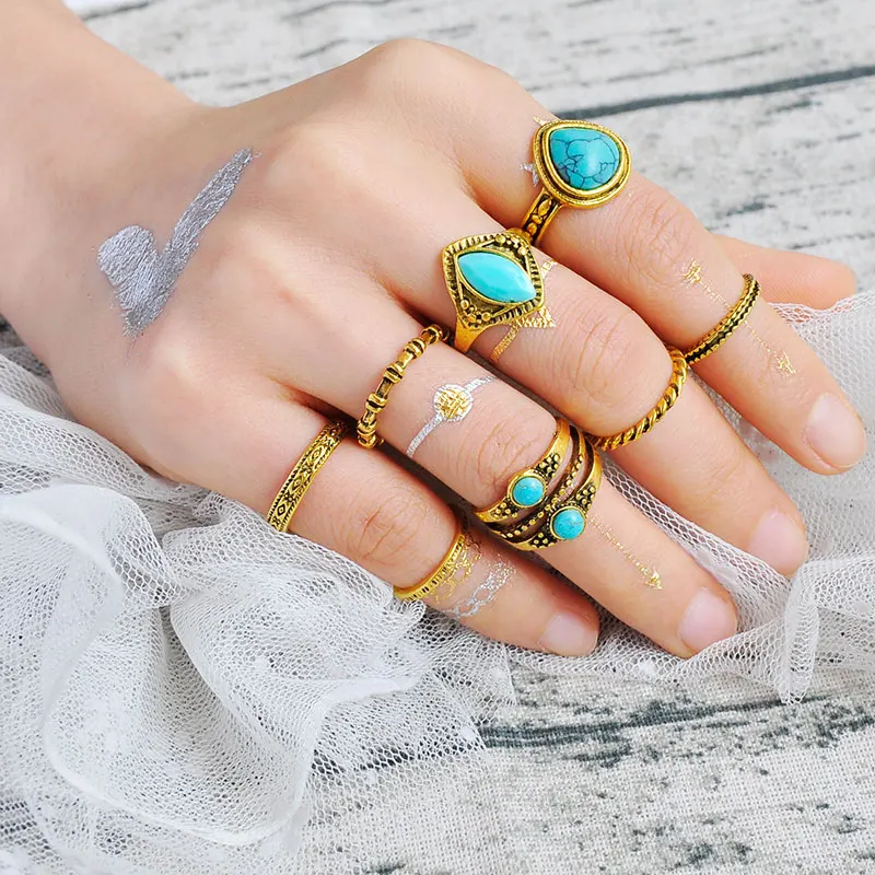 

8pcs/set Fashion Bohemia Rings Set For Women Retro Antique Gold Color Turquoises Knuckle Ring Jewelry Gifts FSPJZ45