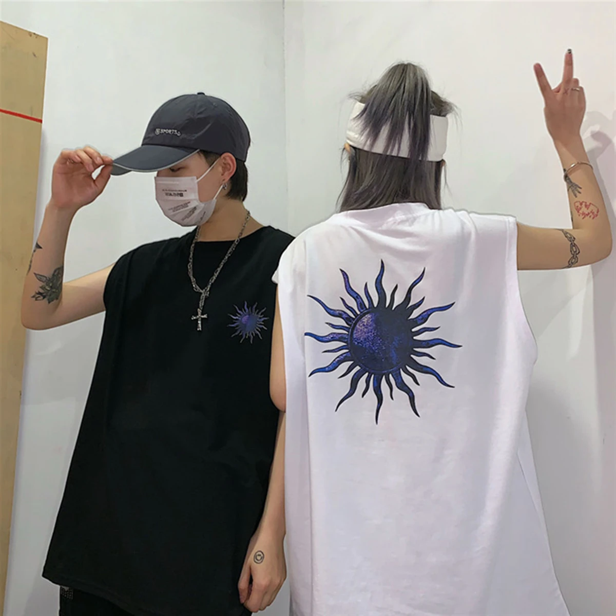 

Harajuku Punk Style Cotton Tank Women Dark Sun Printed Non Sleeve Top Unsex Streetwear Oversize HipHop Chic Ulzzang Dropship