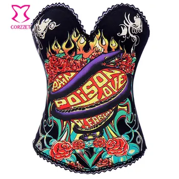 

Snake and Floral Printed Cotton Sexy Club Bustier Waist Trainer Corset Overbust Corselet Burlesque Woman Gothic Corsets