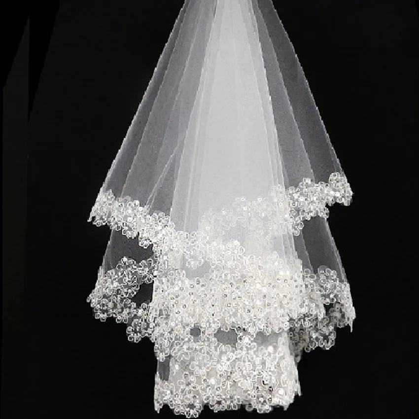 

New One layer Bridal Wedding Veil Lace Applique Sequins Edge