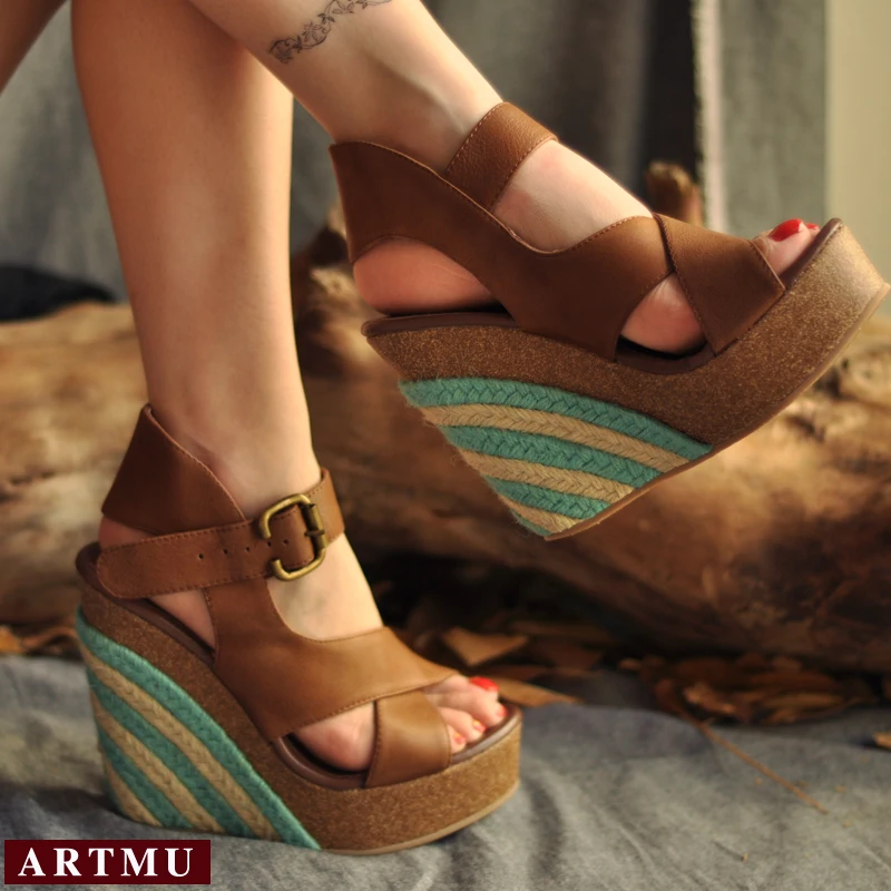 Artmu/оригинальные летние женские босоножки из натуральной кожи на платформе и высоком каблуке; обувь ручной работы из воловьей кожи на танкетке в стиле ретро; 4023-9