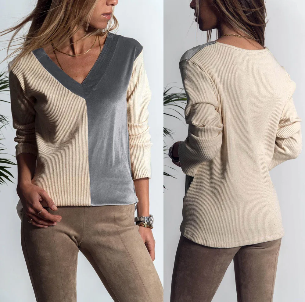 Зимняя женская блузка с v-образным вырезом в стиле пэчворк, повседневная женская рубашка с длинным рукавом, элегантные бархатные рубашки, осенняя уличная одежда, Blusas SJ1149M