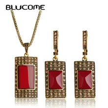 Blucome Турецкая квадратная Смола красное ожерелье серьги ювелирный набор принцесса крючки Серьги для женщин девушки банкет вечерние аксессуары подарок