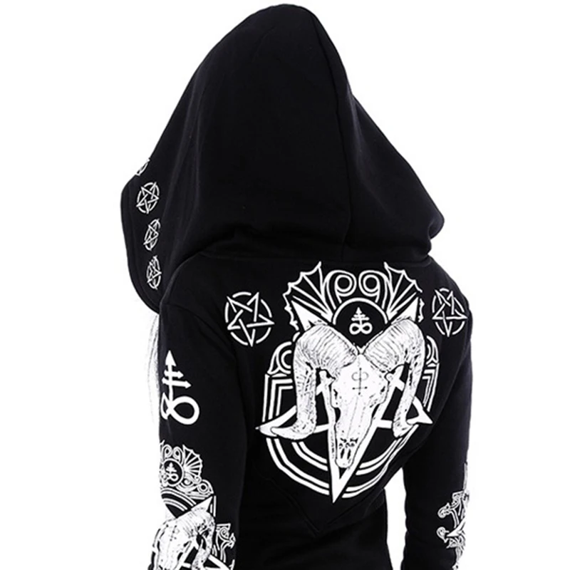 5XL Gothic Punk Print Hoodies Sweatshirts Women Long Sleeve Black Jacket Zipper Coat Autumn Winter