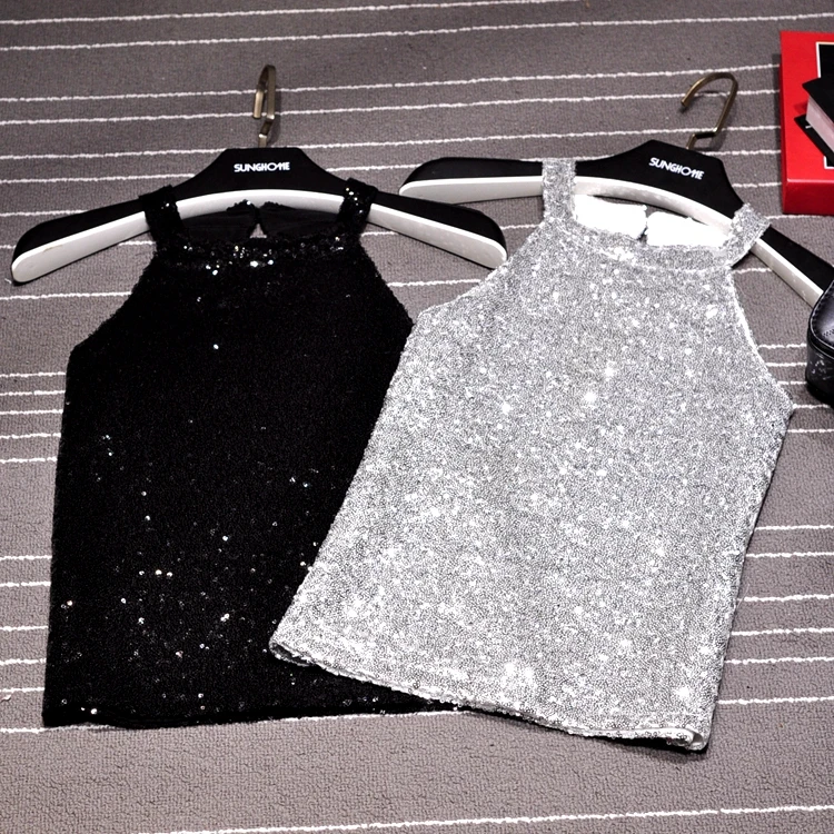 Women Bead Tank tops Shiny Sequin Vest Slim Bling Party Camis Halter neck gold Thread Lurex Sexy Tank Camisole Top Lady