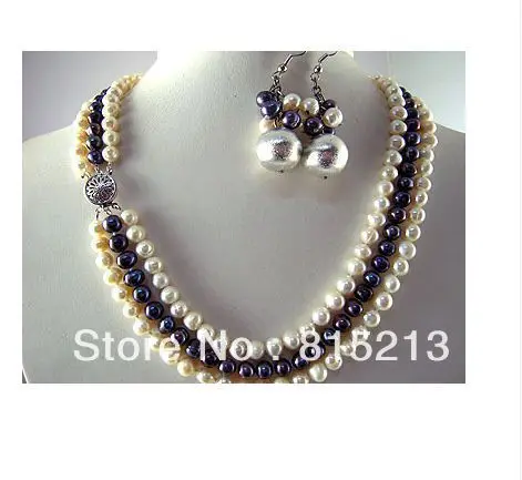 

ddh0447 NEW SET CHARMING 3-ROW GENUINE PEARL NECKLACE+ EARRINGS