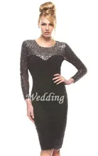 Neue Elegante Geraffte Chiffon Langarm Cocktailkleider Knielangen Gerade Prom Kleider Pailletten Benutzerdefinierte Cocktailkleid