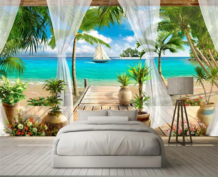 Custom 3D Photo Wallpaper Balcony Sandy Beach Sea View 3D Living Room Sofa Bedroom TV Background Wall Mural Wallpaper Home Decor