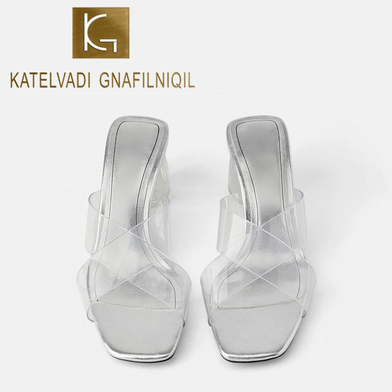 

KATELVADI Women Slippers Slip On Sliders Peep Toe Ladies Clear PVC 6CM Block Heels Casual Comfort Shoe K-445