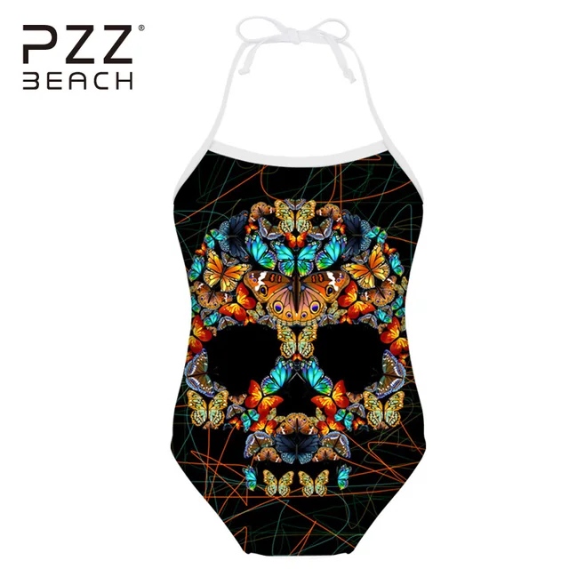 Best Price Unique Skull Print Children's Swimwear Bandage Halter Swimsuit High Waist Bathing Suits Swimming For Girls Baby Infantil