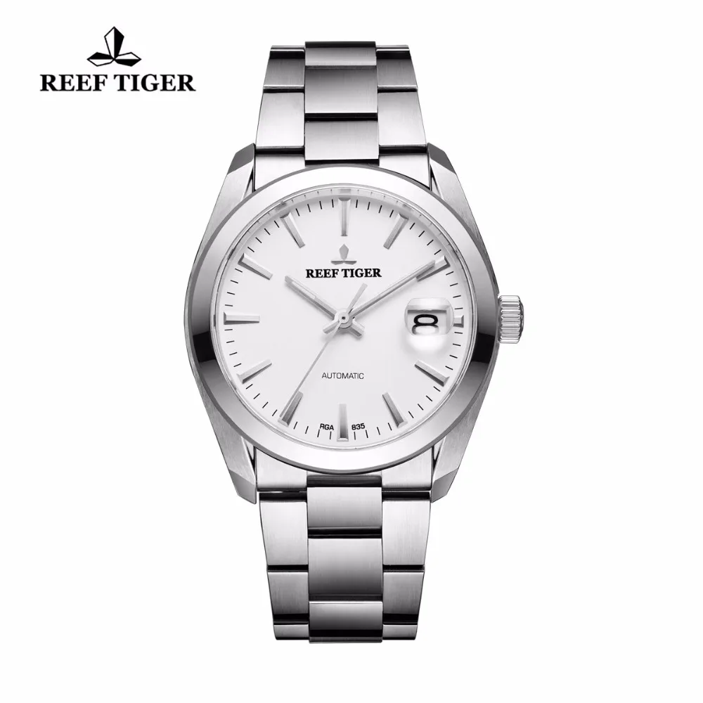 

Reef Tiger Generous Dress Watch for Men White Dial Big Date Stainless Steel Automatic Watches Waterproof RGA835