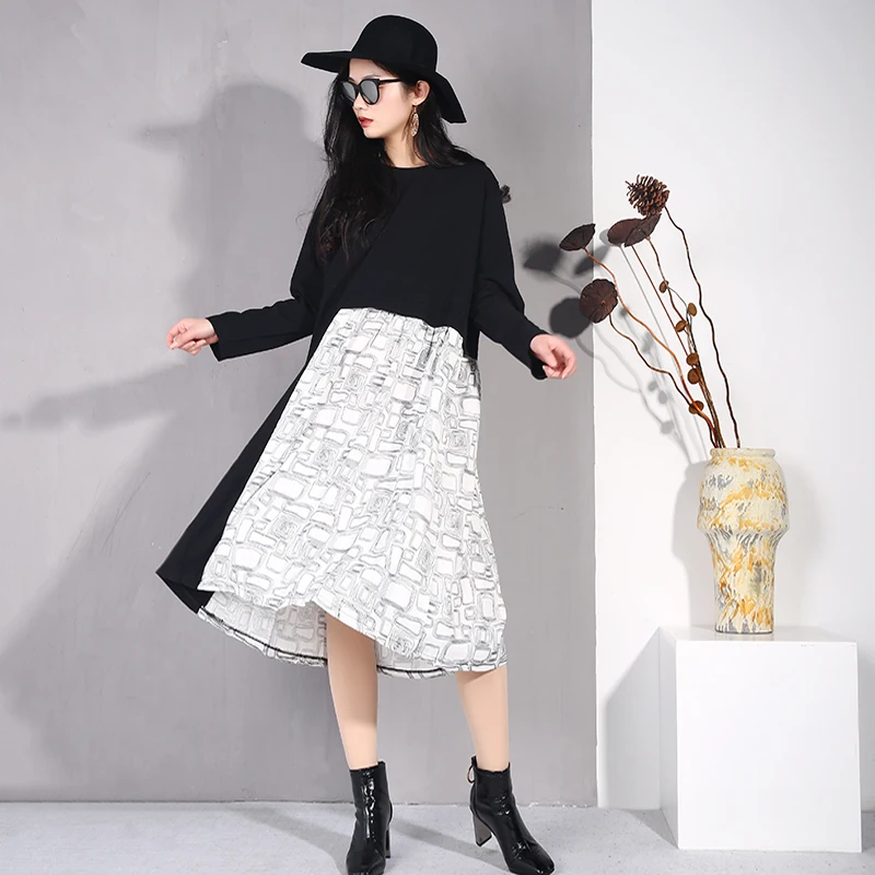 

LANMREM 2019 Patchwork Contrast Color Printed Dresses For Women Spring Summer Long Sleeve Personality Irregular Dress JO259