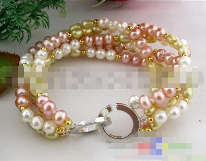 

FREE SHIPPING>>>@@ 0789 6row yellow pink round yellow rice FW pearl bracelet