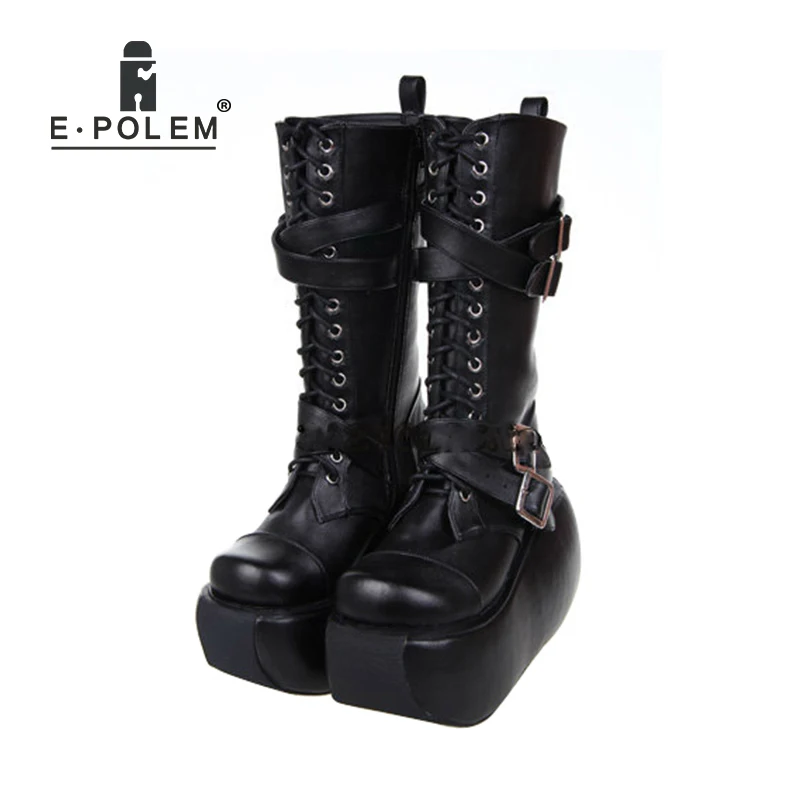 New Lolita Style Black Leather Boots With Thick-Soled Women Lace-Up Platform Boots Gothic Punk Fashion Female Boots 7002 New Lolita Style Black Leather Boots With Thick-Soled Women Lace-Up Platform Boots Gothic Punk Fashion Female Boots 7002