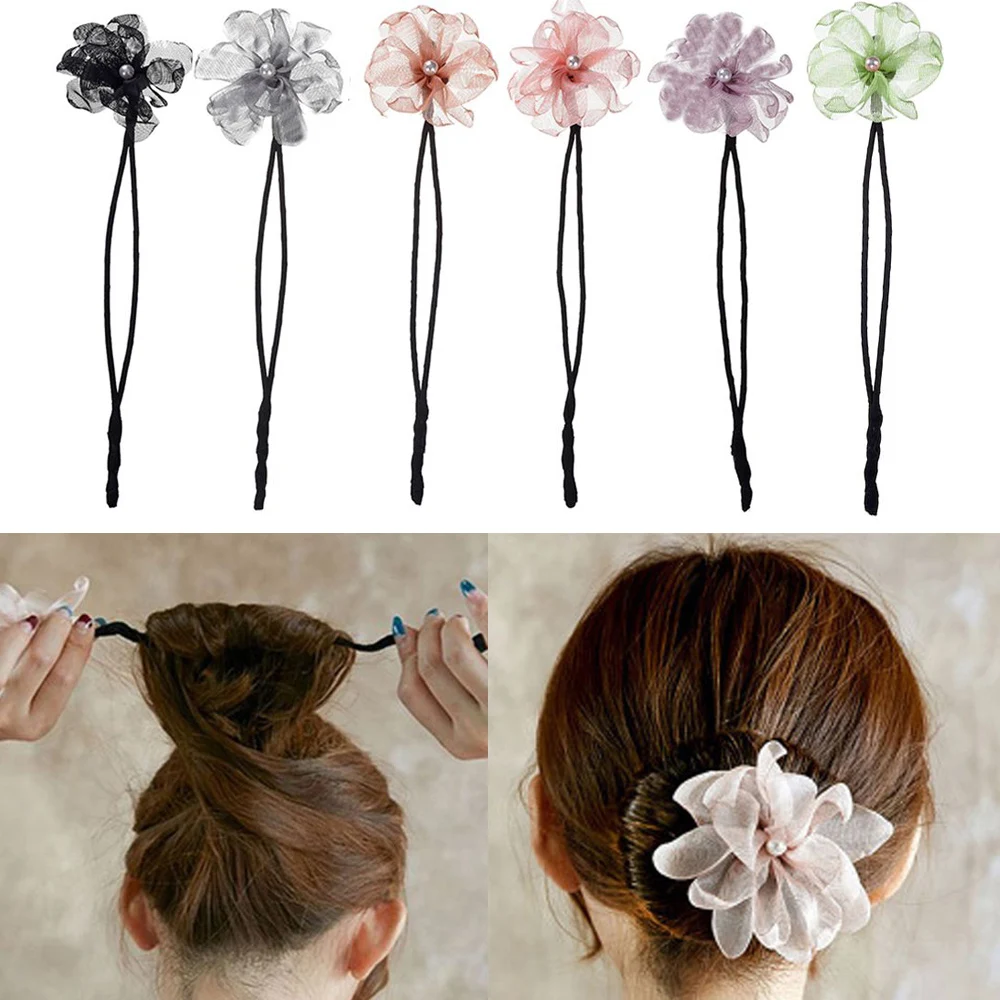 

Woman Flower Donuts Twist Headband Magic Hair Bun Maker DIY Hairstyle Tool Pearl French Bud Dish Hair Accessories Sweet Hairband