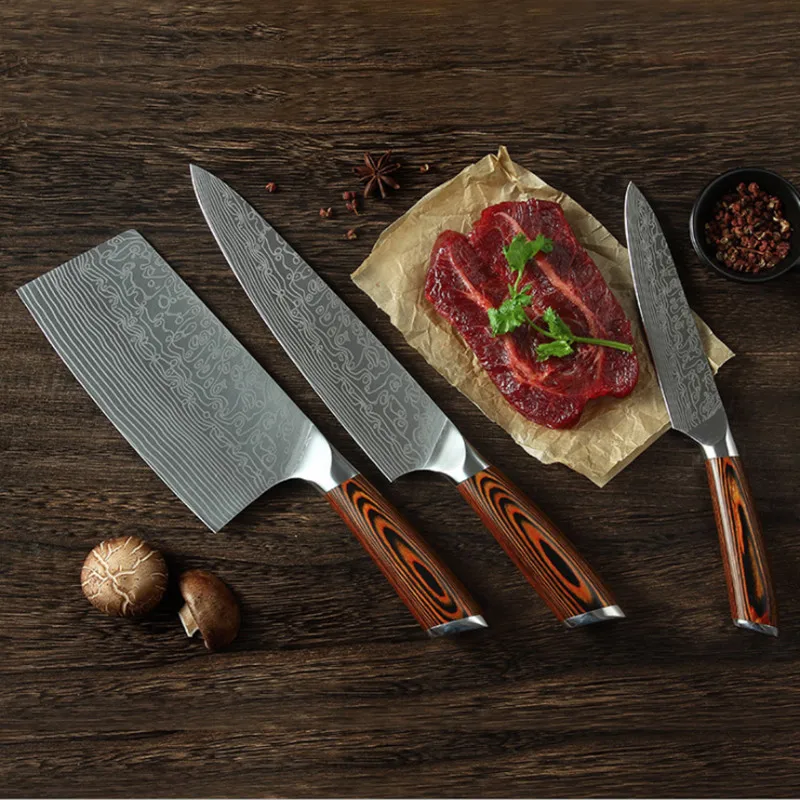 3pcs Kitchen Knives Stainless Steel Damascus laser pattern Knife Paka Wood Handle Fruit Vegetable Meat Cooking Tools Accessorie | Дом и сад