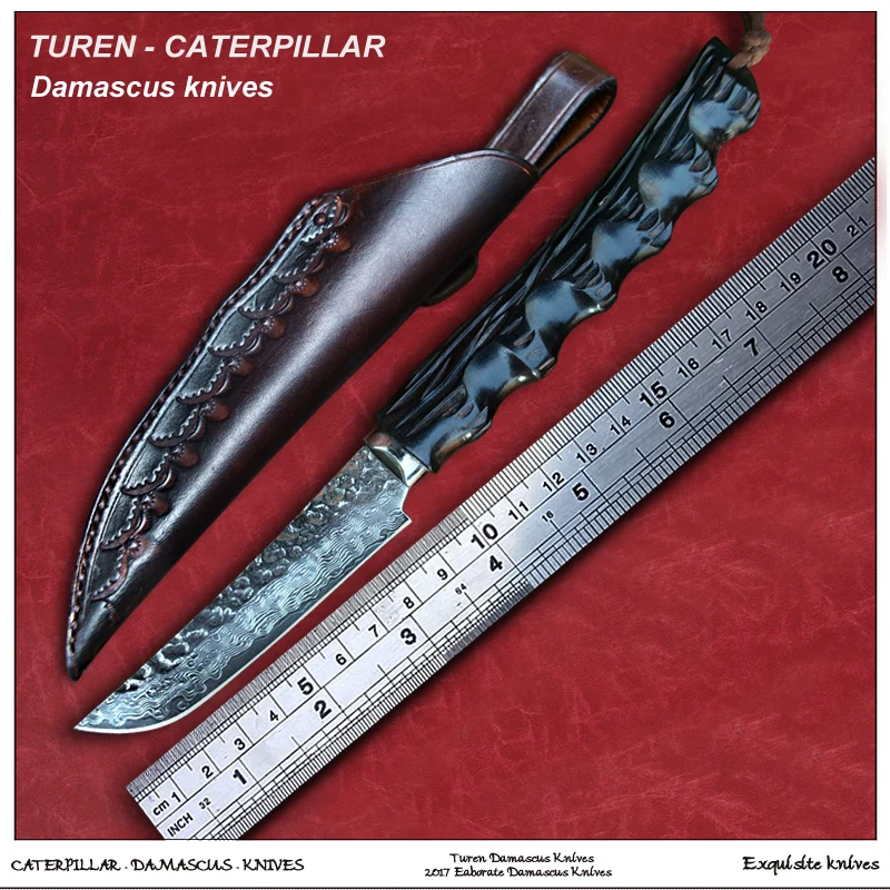 

TUREN-Caterpillar 60 HRC Handmade Damascus hunting straight knife ebony handle with handmade cowhide leather sheath