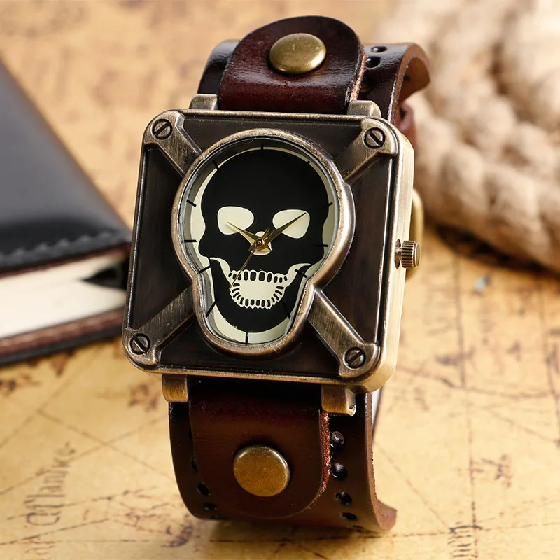 

2017 Stylish Skull Face Men Women Wrist Watch Quartz Movement Flash Brown Leather Band Strap Cool Crossbone Watches Relogio