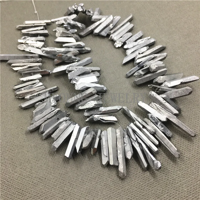 MY0787 Natural Crystal Quartz Titanium Stick Beads,Silver Coated Spike Point Beads,Raw Quartz Top Drilled Beads (2)
