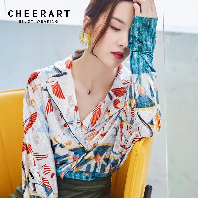 

Cheerart Designer Vintage Floral Blouse Women Velvet Lapel V Neck Ladies Tops Long Sleeve Shirt Autumn 2018 Top Blouse Femme