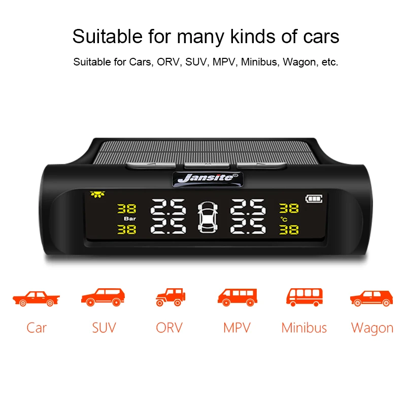 Jansite автомобильная система контроля давления в шинах, система автоматической сигнализации, беспроводная с 4 датчиками, солнечная зарядка, HD цифровой ЖК-дисплей