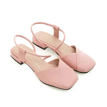 

B2-7 Size 33-46 Female PU Leather Plus Size Sandals Girls Square Toes Shallow Sandal Woman Thick Heels Shoes Women Summer Shoe