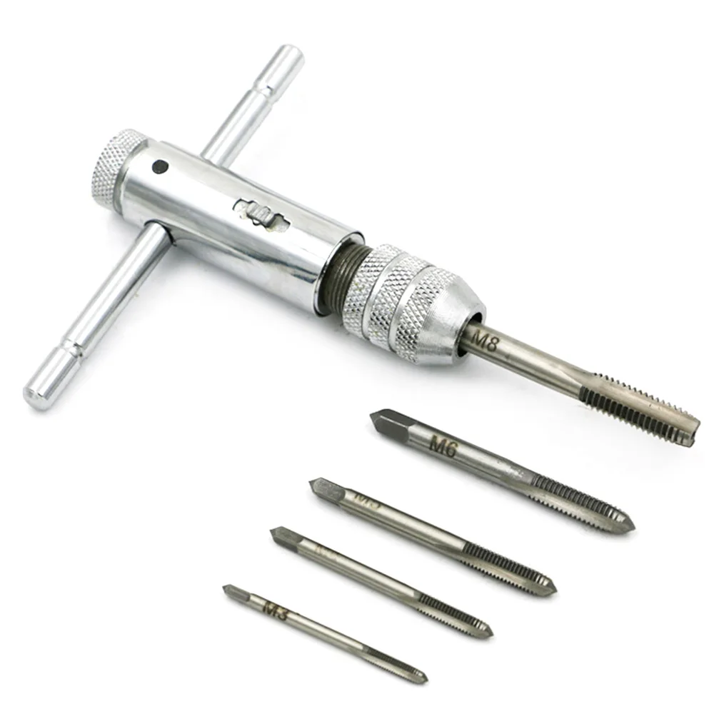 

Drill Warehouse Adjustable T-Handle Ratchet Tap Holder Wrench + 5pcs M3-M8 Machine Screw Thread Metric Plug Tap