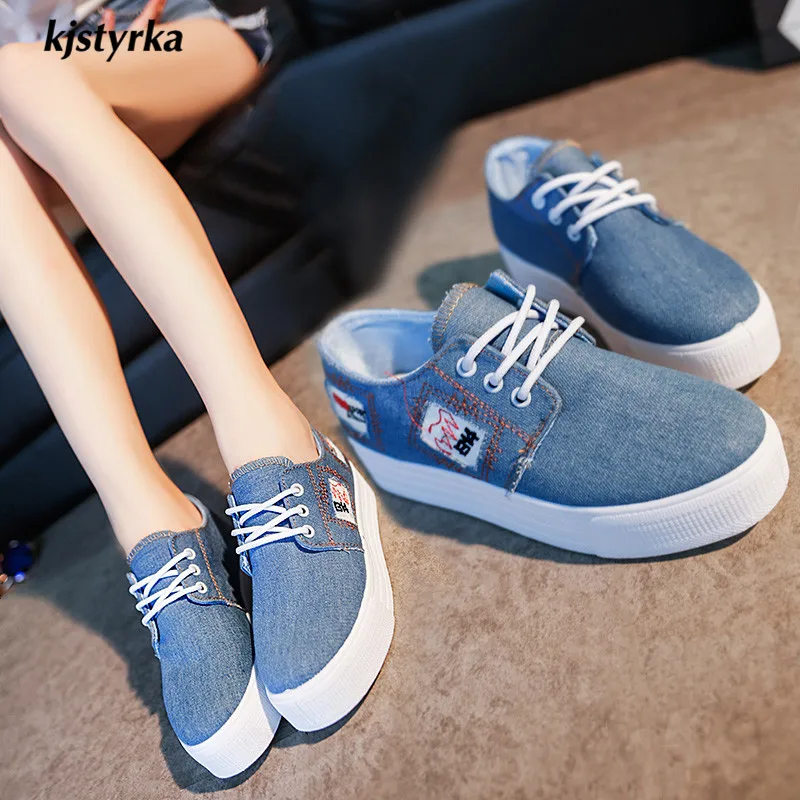 

Kjstyrka 2019 denim cloth Fashion high quality simple women sneakers Walking Footwear Female platform anti-slip tenis feminino