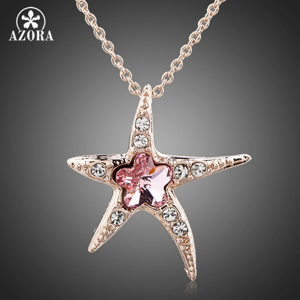 AZORA Starfish with Pink Wintersweet Rose Gold Color Stellux Austrian Crystal Pendant Necklace TN0096 AZORA Starfish with Pink Wintersweet Rose Gold Color Stellux Austrian Crystal Pendant Necklace TN0096