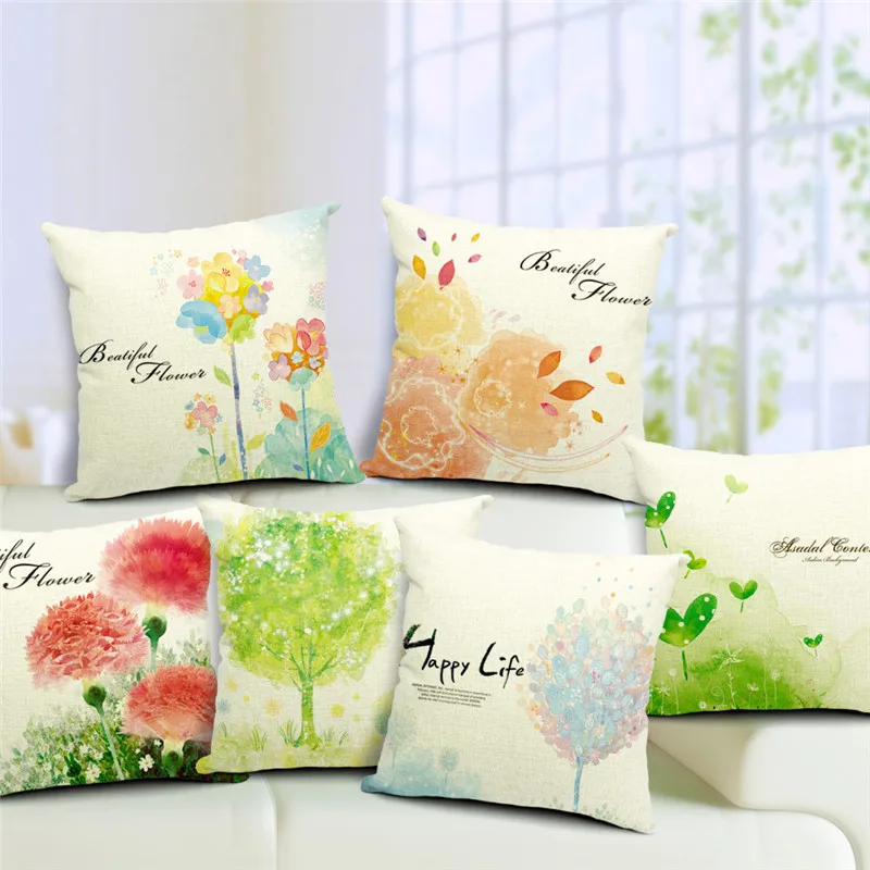 

2019New Design Spring Cushion Cover Green Trees Decorative Throw Pillows Case Colorful Forest Scenery Green Blue Pillow Cover