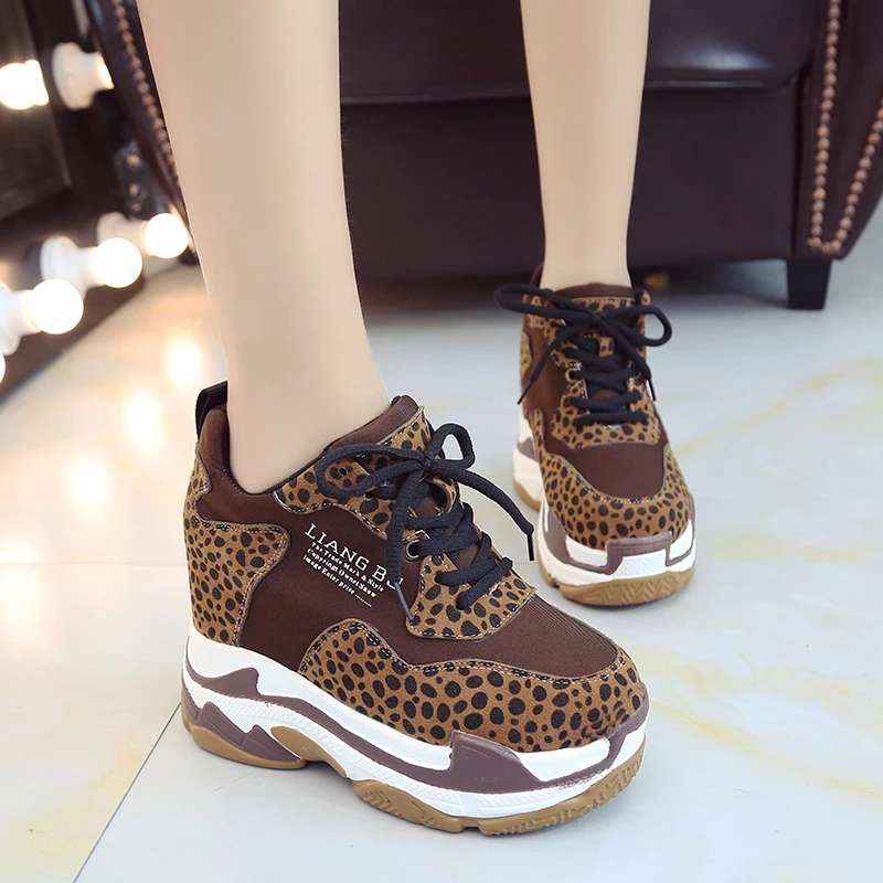 

Rimocy spring 2019 fashion women's high platform hidden heels casual shoes woman lace up leopard sneakers women height increased