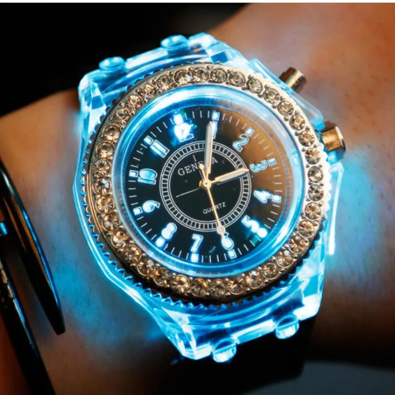 Silicone Men's Quartz Watches Luminous Rhinestone Led Watch Men Fashion studuts' Sport Wristwatch | Наручные часы