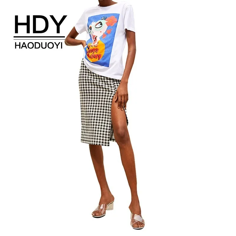 HDY Haoduoyi New Summer Loose Casual Top&tees Fashion Contrast Color Print O-neck Women T-shirt