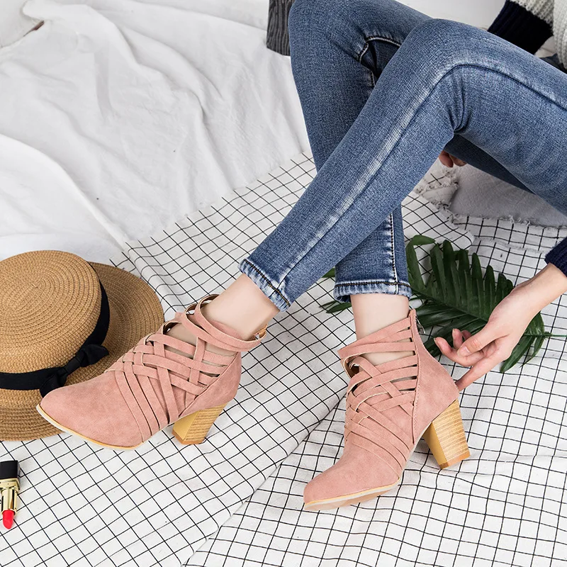

2019 women ankle boots high heels shoes woman sexy hollow design pink with zipper Botas de mujer Plus Size 35-42 female boot