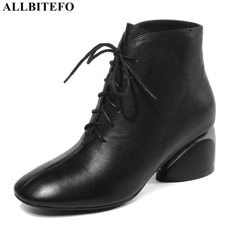 

ALLBITEFO high quality genuine leather square toe thick heel women boots winter snow boots ankle boots for women girls shoes