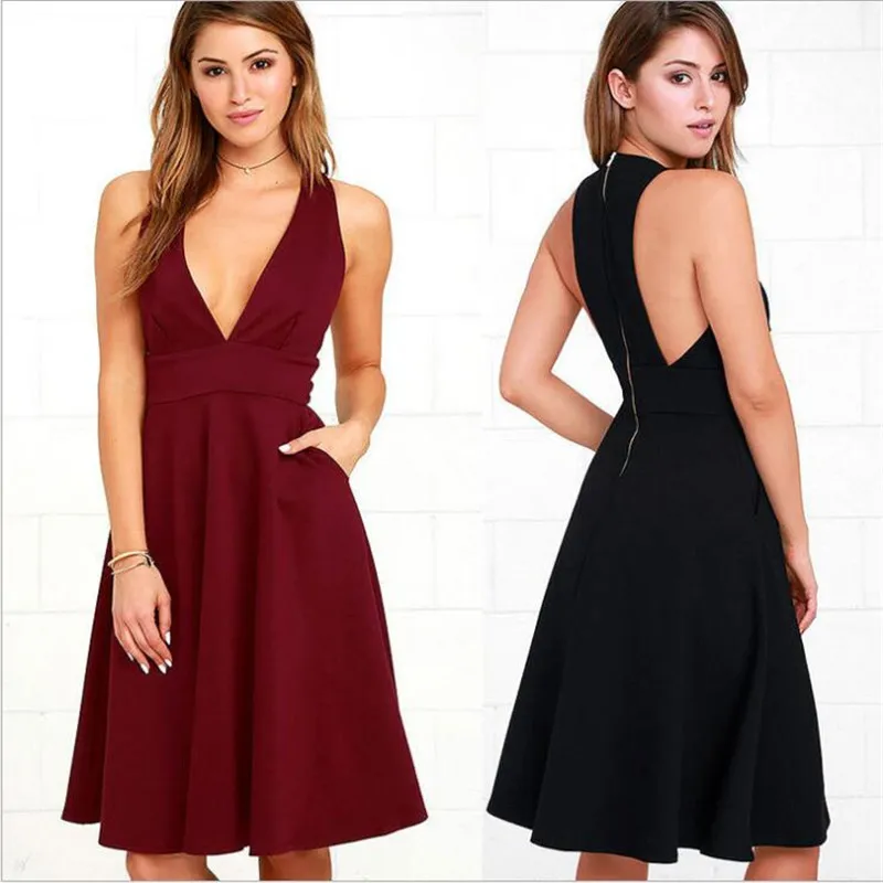 Slim Col Europe V Solides Black red Robe Nouveau Sexy 2018 Amérique Poches Profond Manches Femmes Robes De Été Sans Soirée Mode Style FPtWwZq