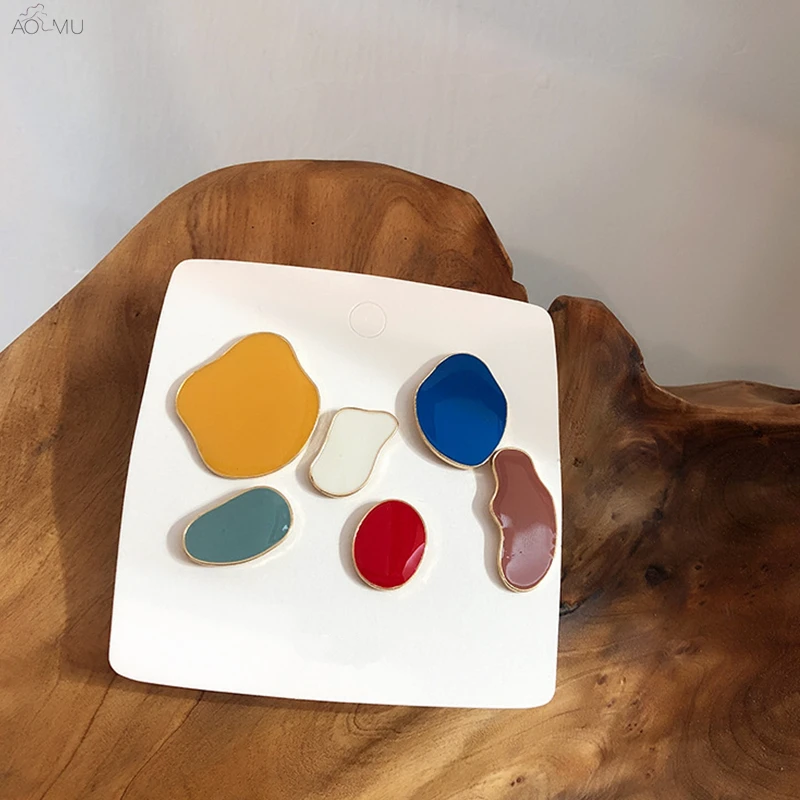 

AOMU 6Pcs Korea Retro New Colorful Enamel Geometric Irregular Round Square Crystal Waterdrop Stud Earrings for Women Pendant Set
