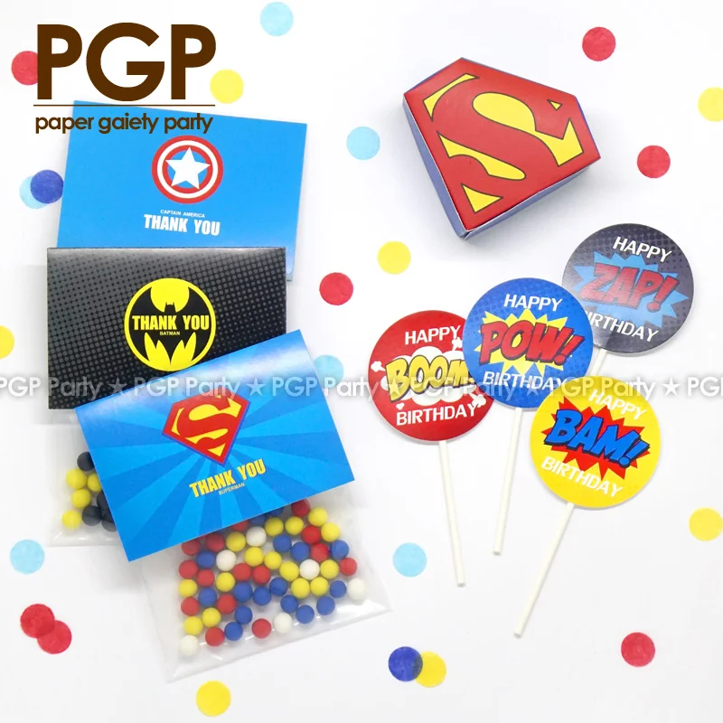 

[PGP] Superhero Candy Box Bag Cake Topper, Superman Batman Justice League Kids Boy 1st Birthday Children's Day Party thanks gjft